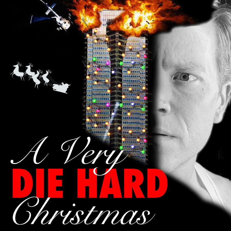 A festive parody poster titled "A Very Die Hard Christmas" featuring a dramatic split design. The right side displays a close-up of a man's intense expression in black and white. The left side shows a skyscraper wrapped in colorful Christmas lights, with flames and explosions bursting from the top. A helicopter hovers in the background, while a silhouette of Santa's sleigh and reindeer flies through the night sky. The bold red and white text adds a playful holiday twist to the action theme.